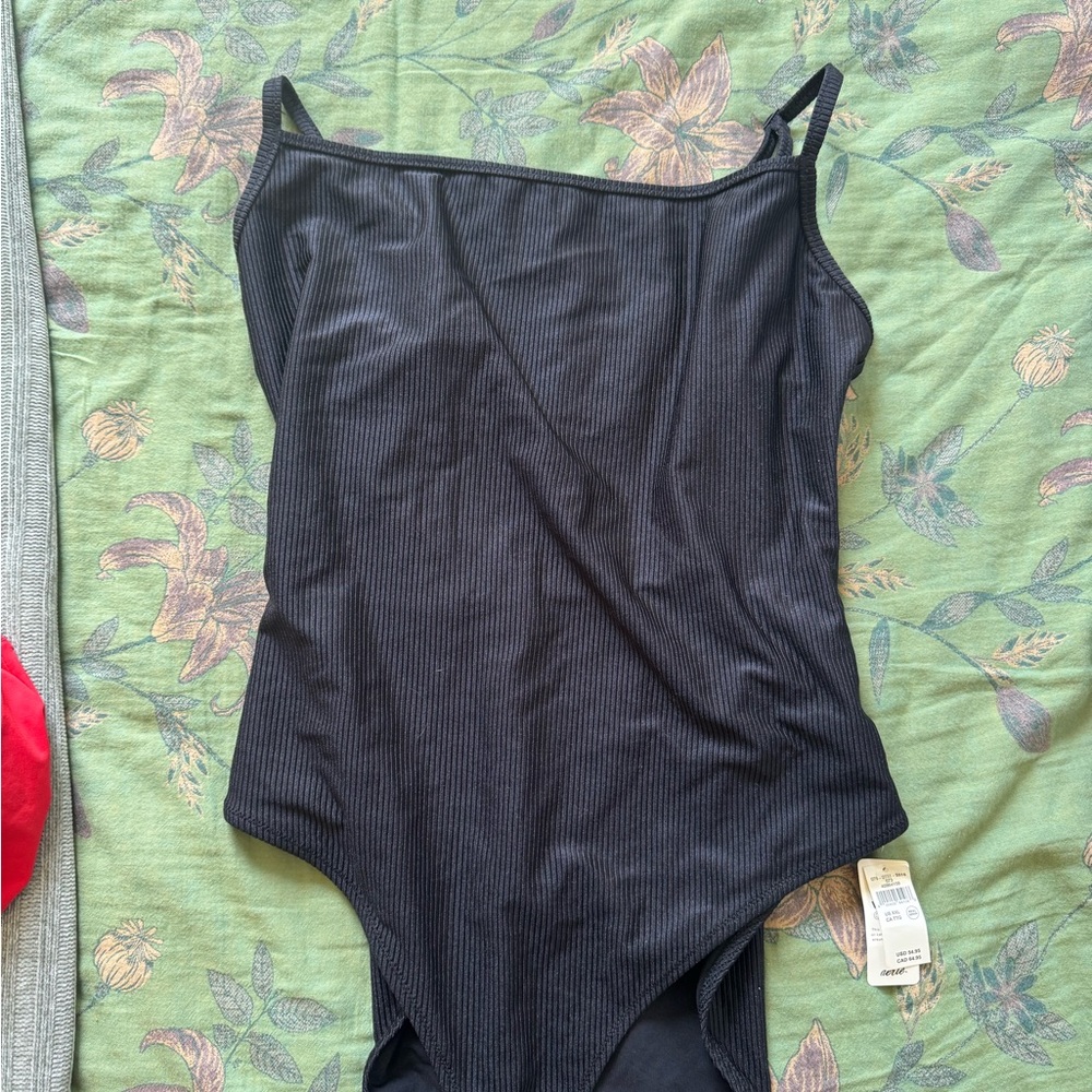 Aerie Shine Rib Scoop Black Full Coverage One-Piece